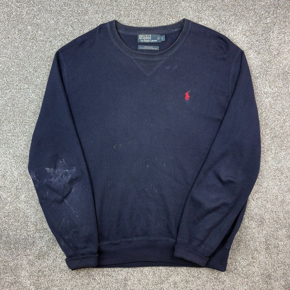 Vintage Polo Ralph Lauren Sweater Mens Large Blue Cotton Knit Pullover STAINED